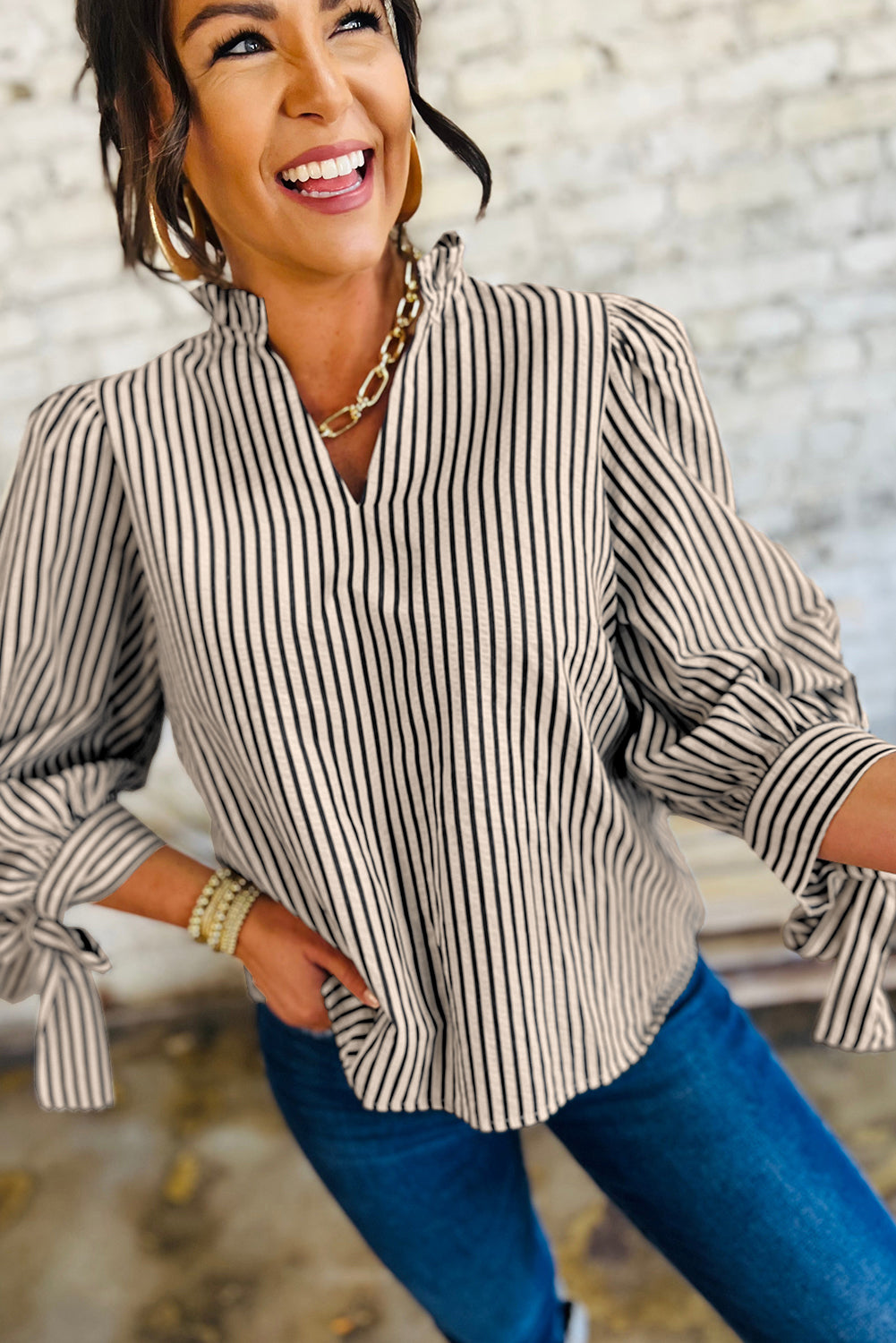Black Stripe Knotted Cuff Long Sleeve V Neck Blouse