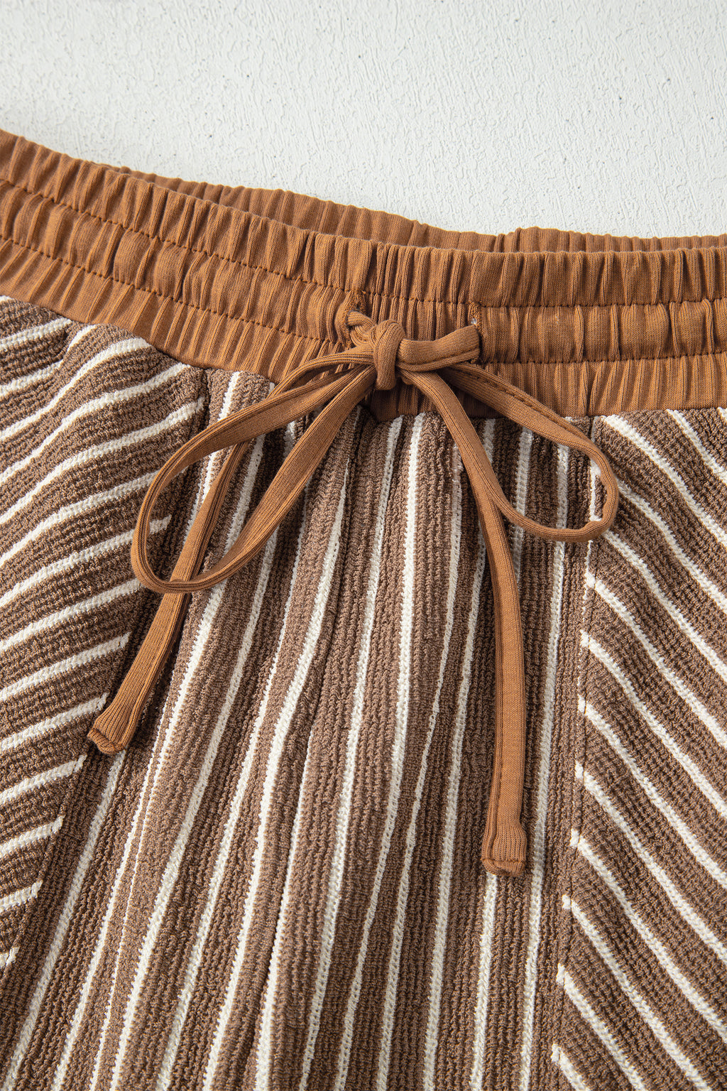 Khaki Stripe Crew Neck Tee Drawstring Waist Cropped Pants Set