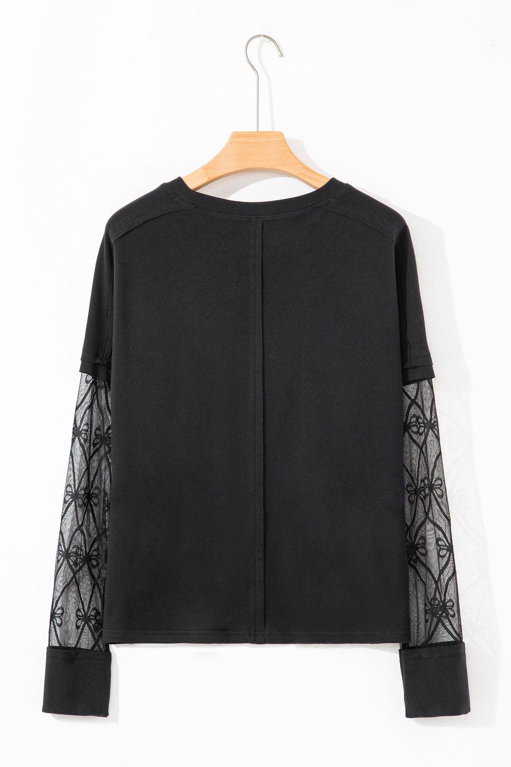 Black Solid Color Bow Textured Patchwork Long Sleeve Tee