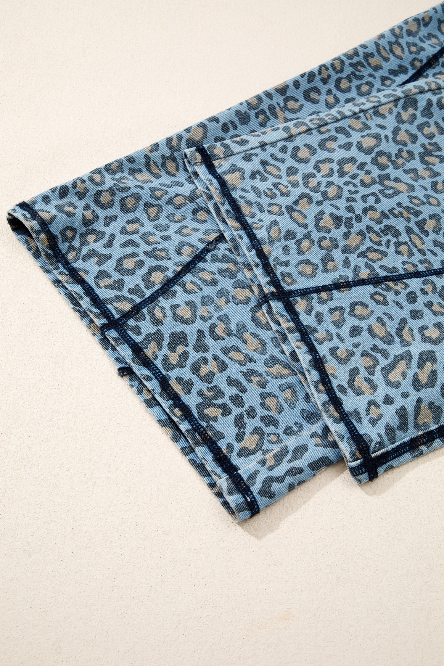 Blue Leopard Print Exposed Seam Detail Wide Leg Drawstring Jeans