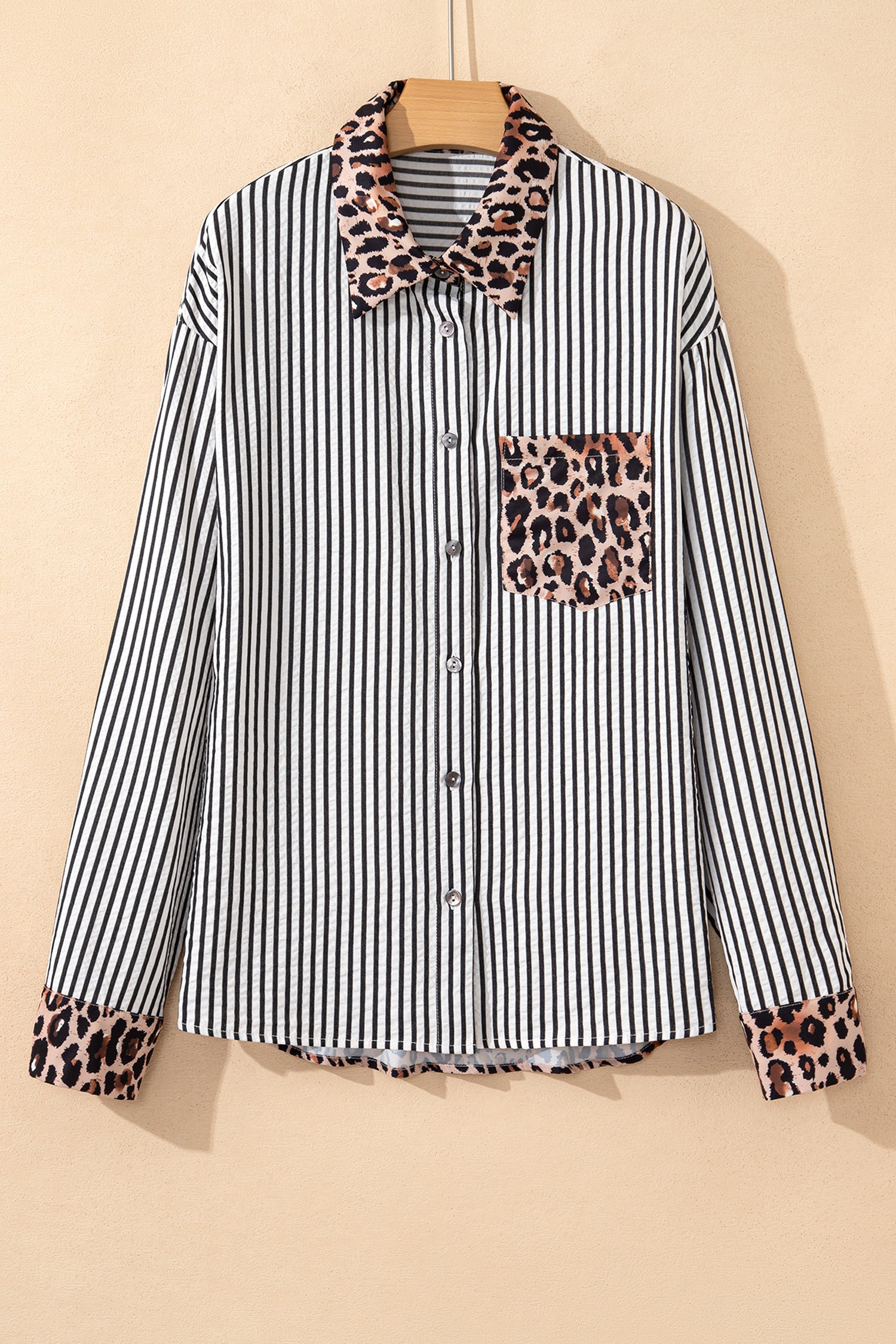 Black Striped Leopard Print Patchwork Button Up Womens Shirt
