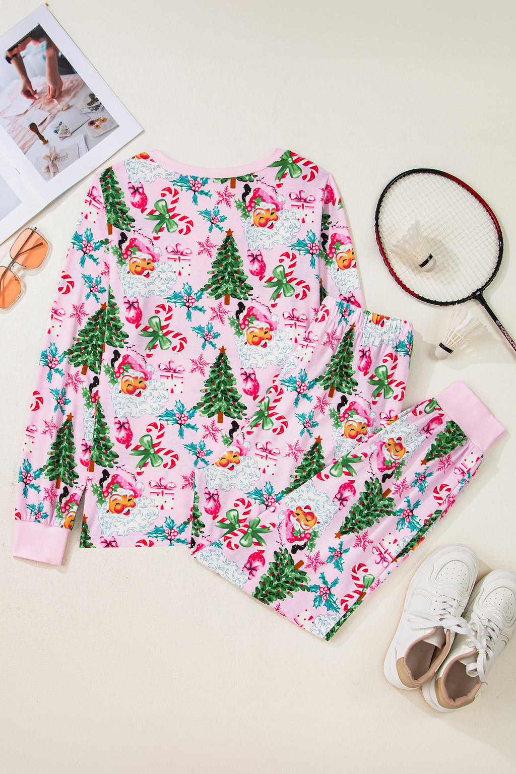 Pink Christmas Pattern Button V Neck Pullover Drawstring Pants 2pcs Lounge Set