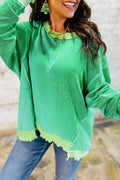 Bright Green Twisted Rib Uneven Hem Drop Shoulder Loose Knit Top
