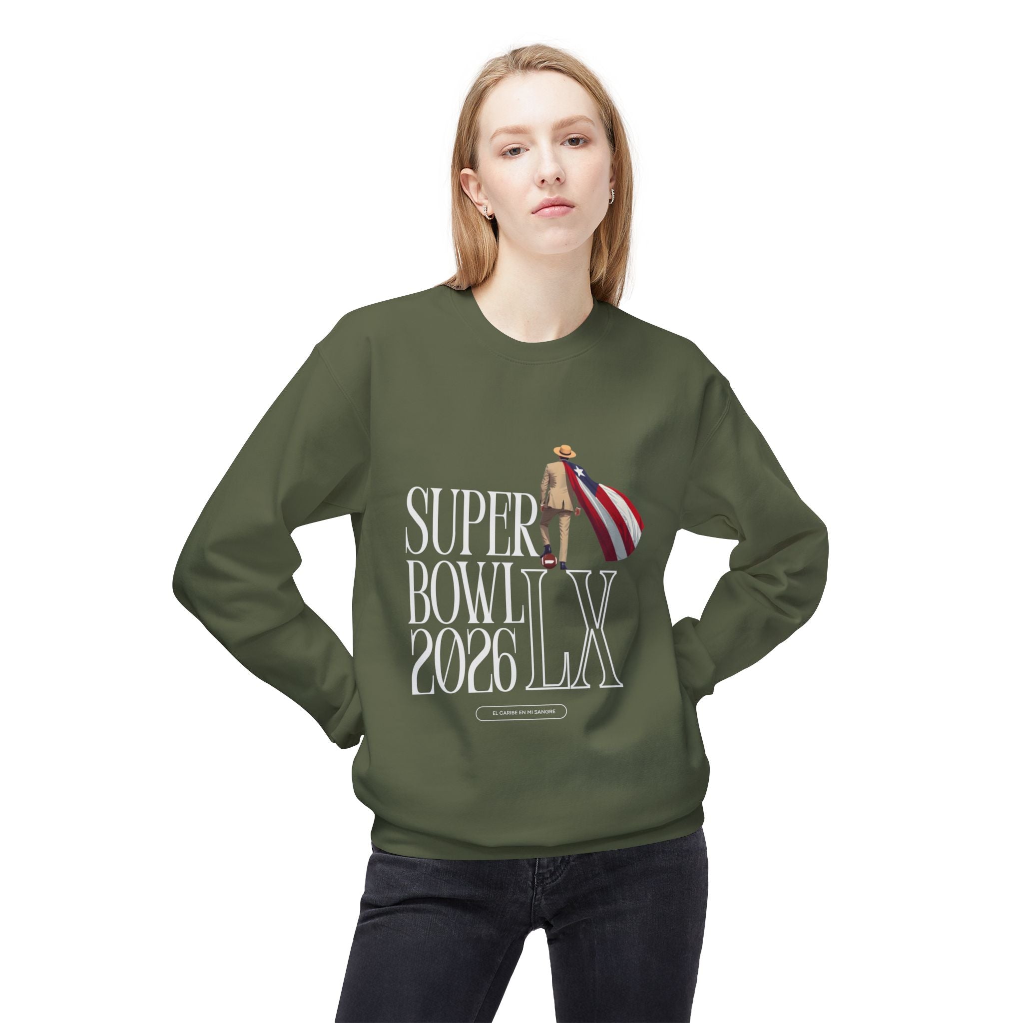 Super Bowl 2026 LX Crewneck Sweatshirt – American Football Fan Pullover with Patriotic Hero