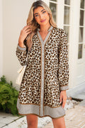 Brown Leopard Print Striped Patchwork 3/4 Sleeve Loose Mini Dress