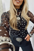 Black Polka Dot Patterned Bodycon Mock Neck Mesh Long Sleeve Top