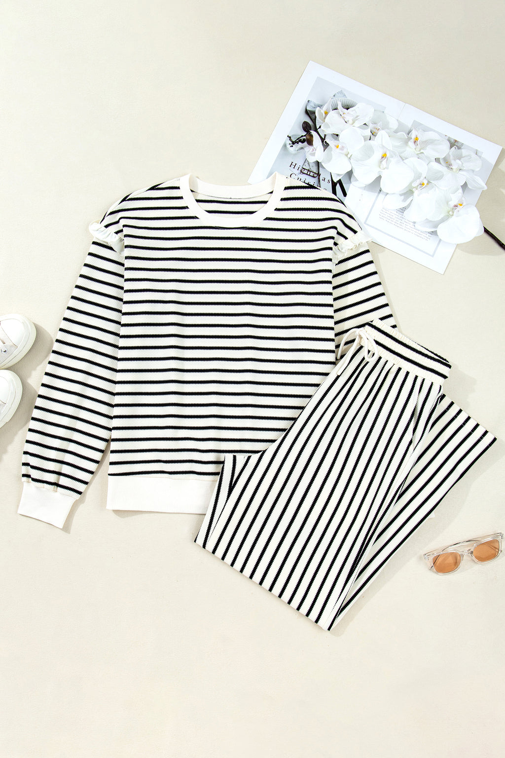 White Stripe Ruffle Trim Drop Shoulder Top Drawstring Loose Pant Set