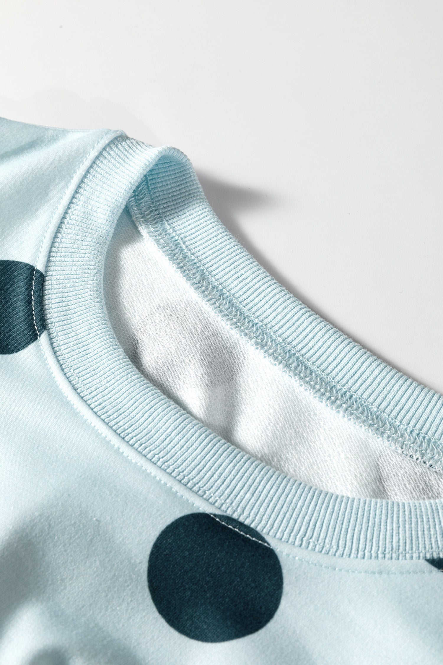 Sky Blue Polka Dot Print Drop Shoulder Pullover Drawstring Shorts Set