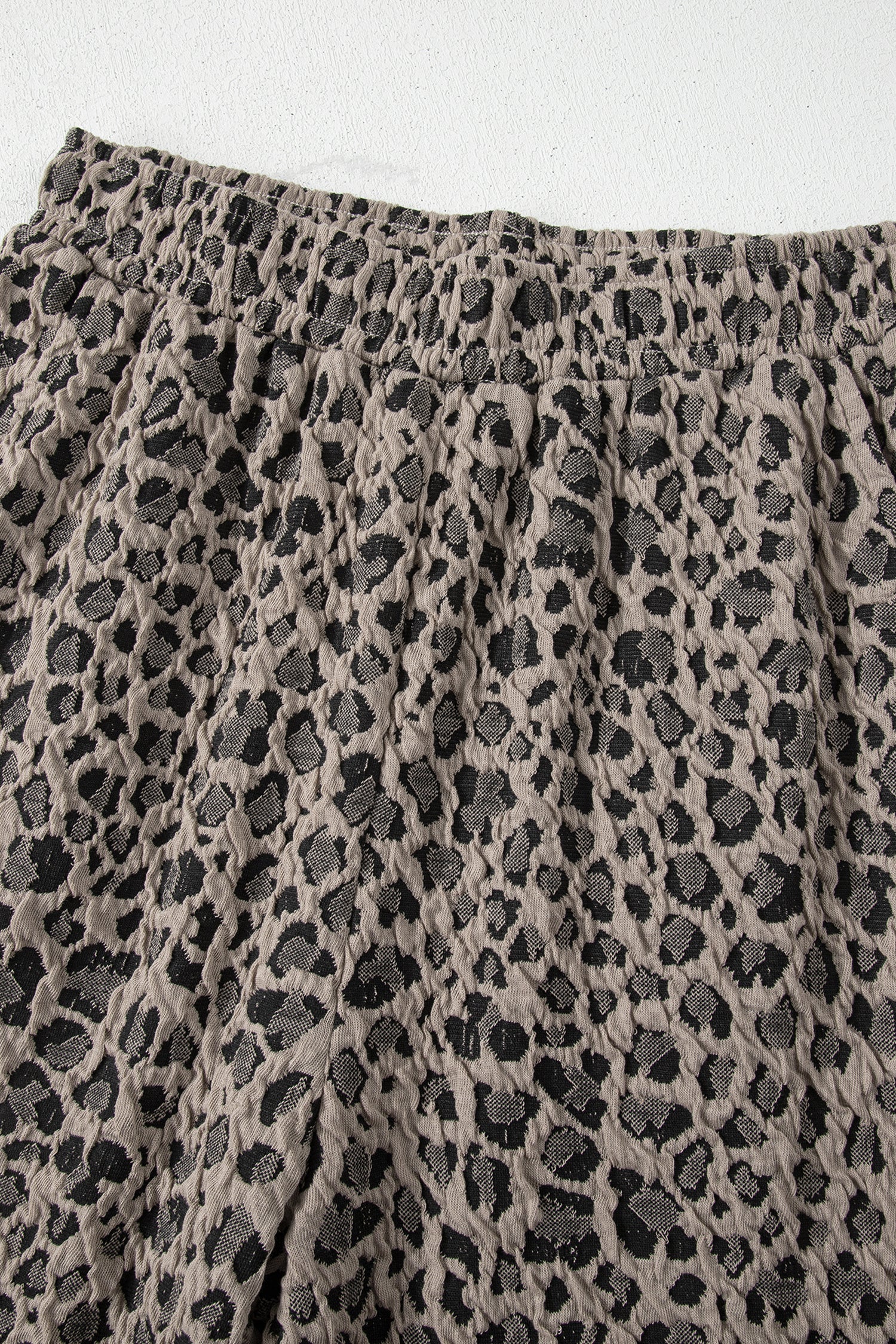 Khaki Jacquard Leopard Half Sleeve Jumper Wide Leg Pant Set