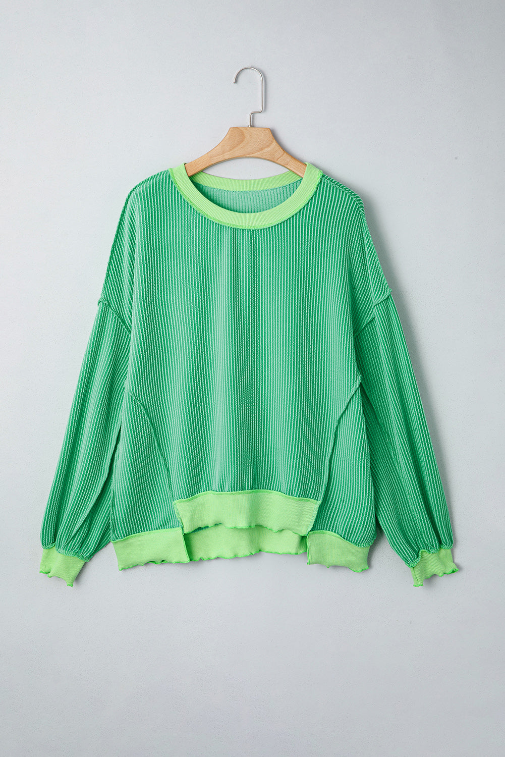 Bright Green Twisted Rib Uneven Hem Drop Shoulder Loose Knit Top