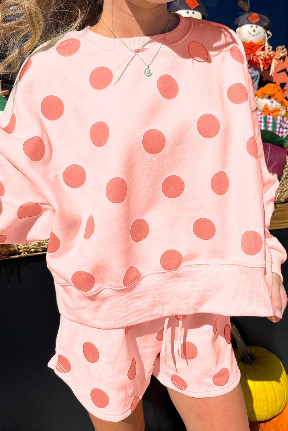 Pink Polka Dot Print Drop Shoulder Pullover Drawstring Shorts Set