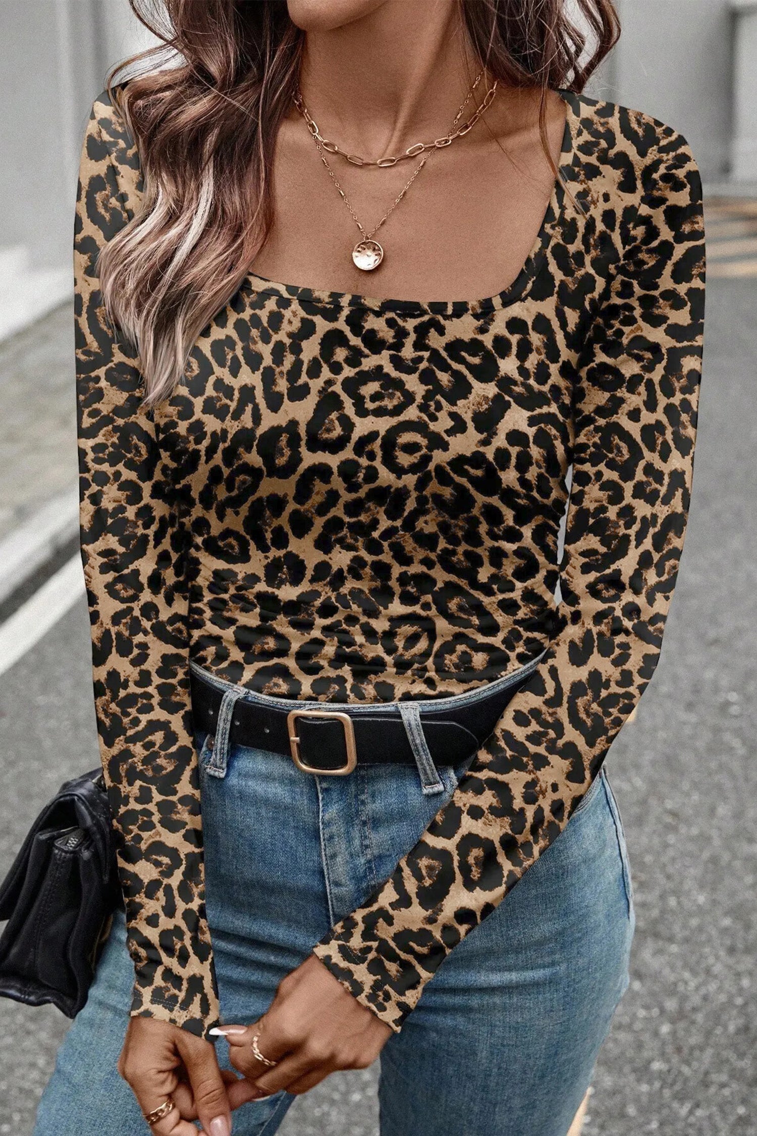 Brown Leopard Print Slim Long Sleeve T Shirt