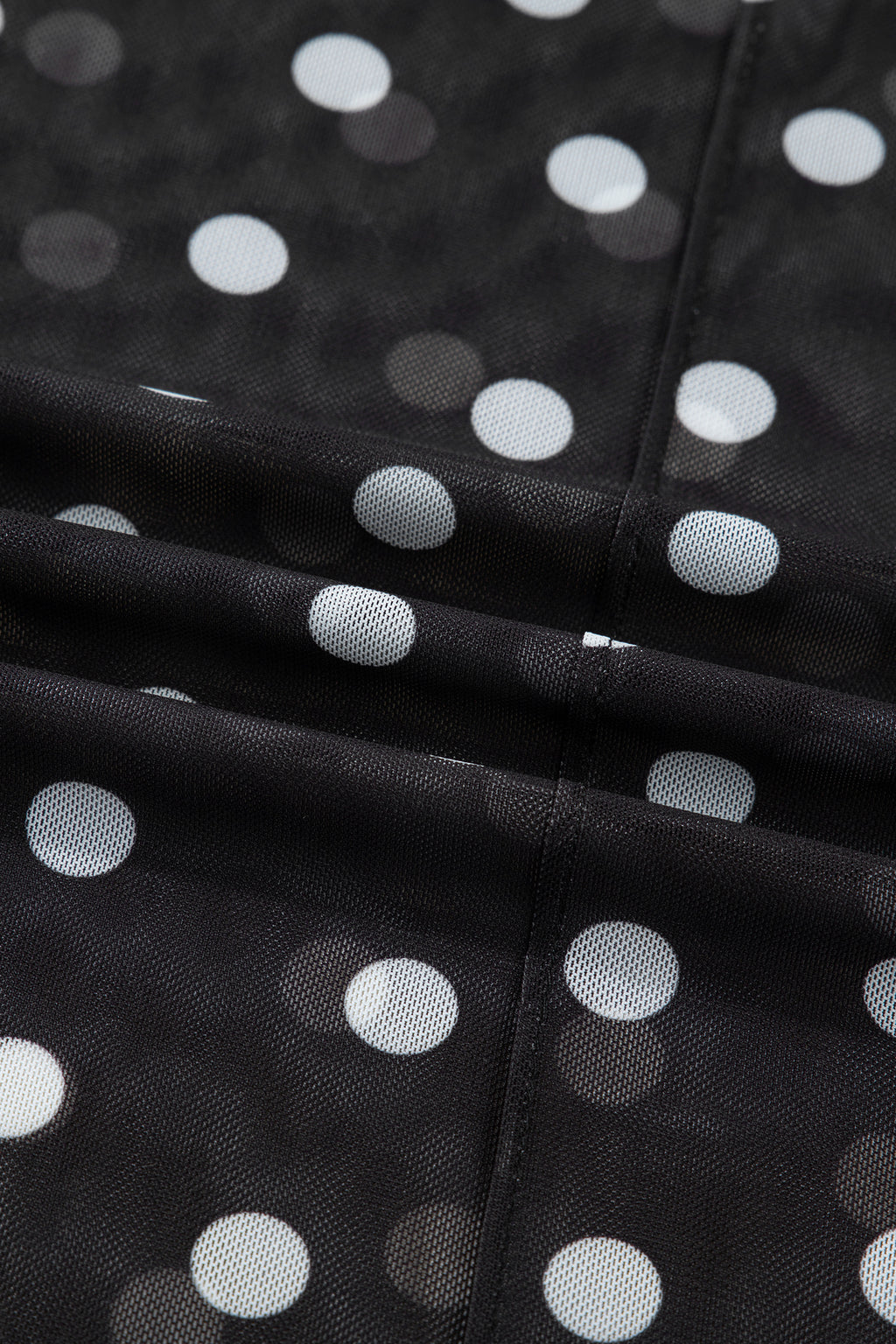 Black Polka Dot Patterned Bodycon Mock Neck Mesh Long Sleeve Top