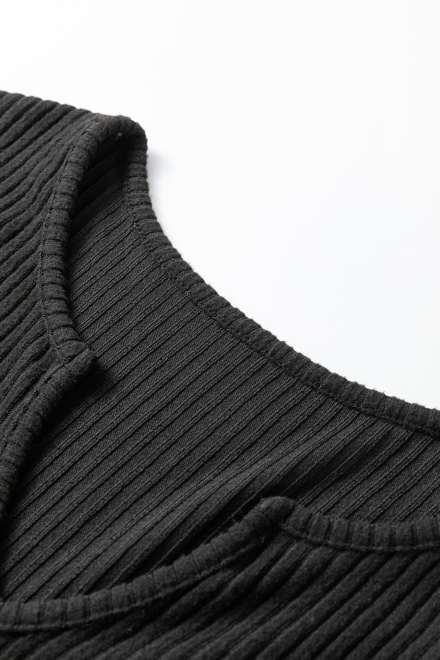 Black Ribbed Notched Neck Knit Long Sleeve Leggings Two Pieces Lounge Set