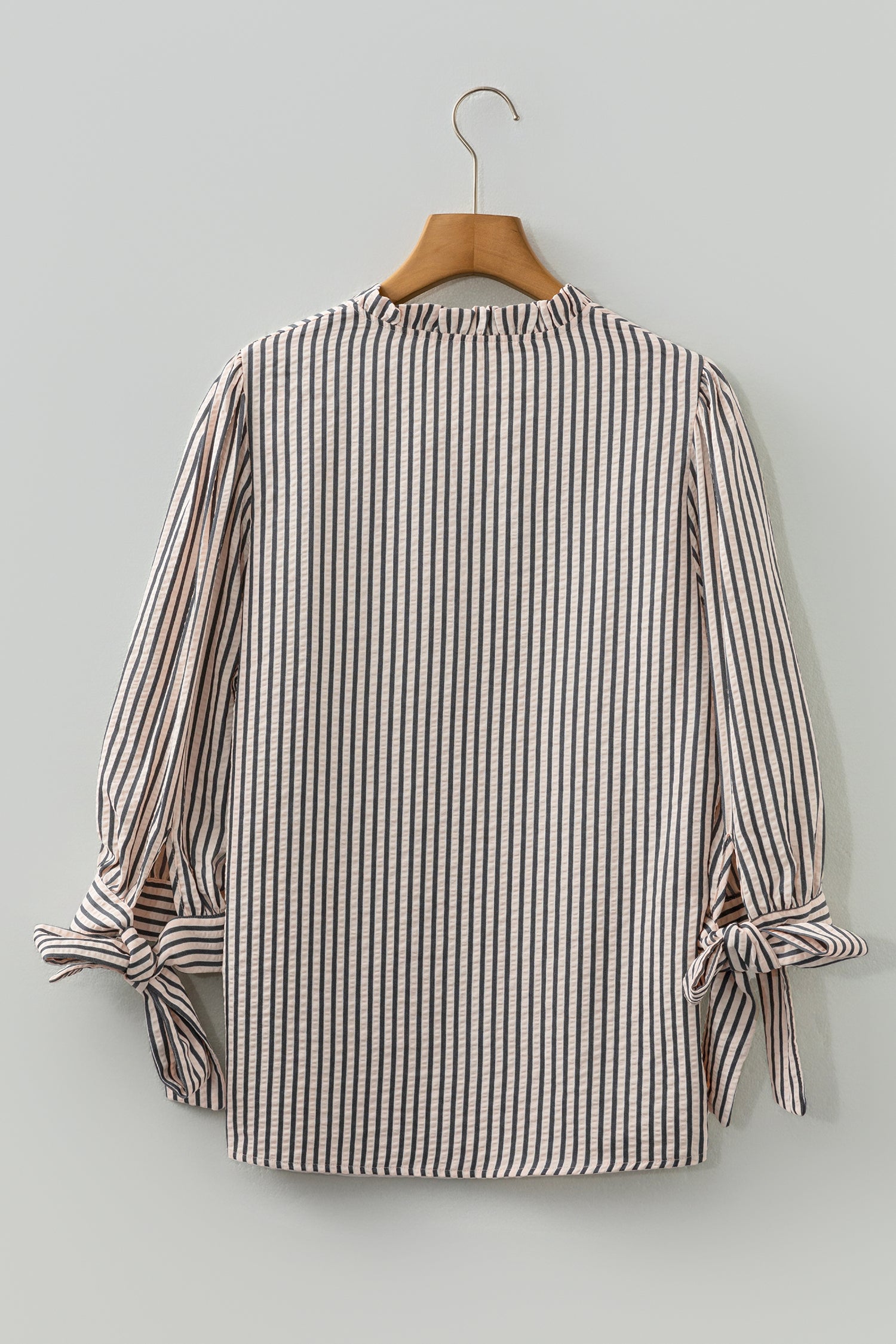 Black Stripe Knotted Cuff Long Sleeve V Neck Blouse