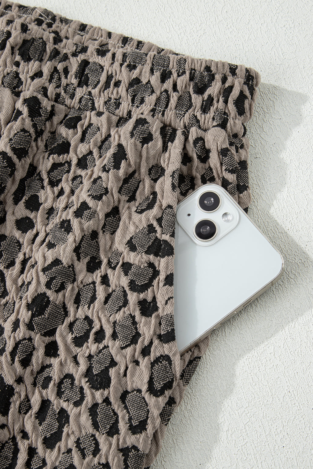 Khaki Jacquard Leopard Half Sleeve Jumper Wide Leg Pant Set