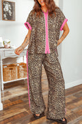 Brown Contrast Trim Leopard Top and Pant Set