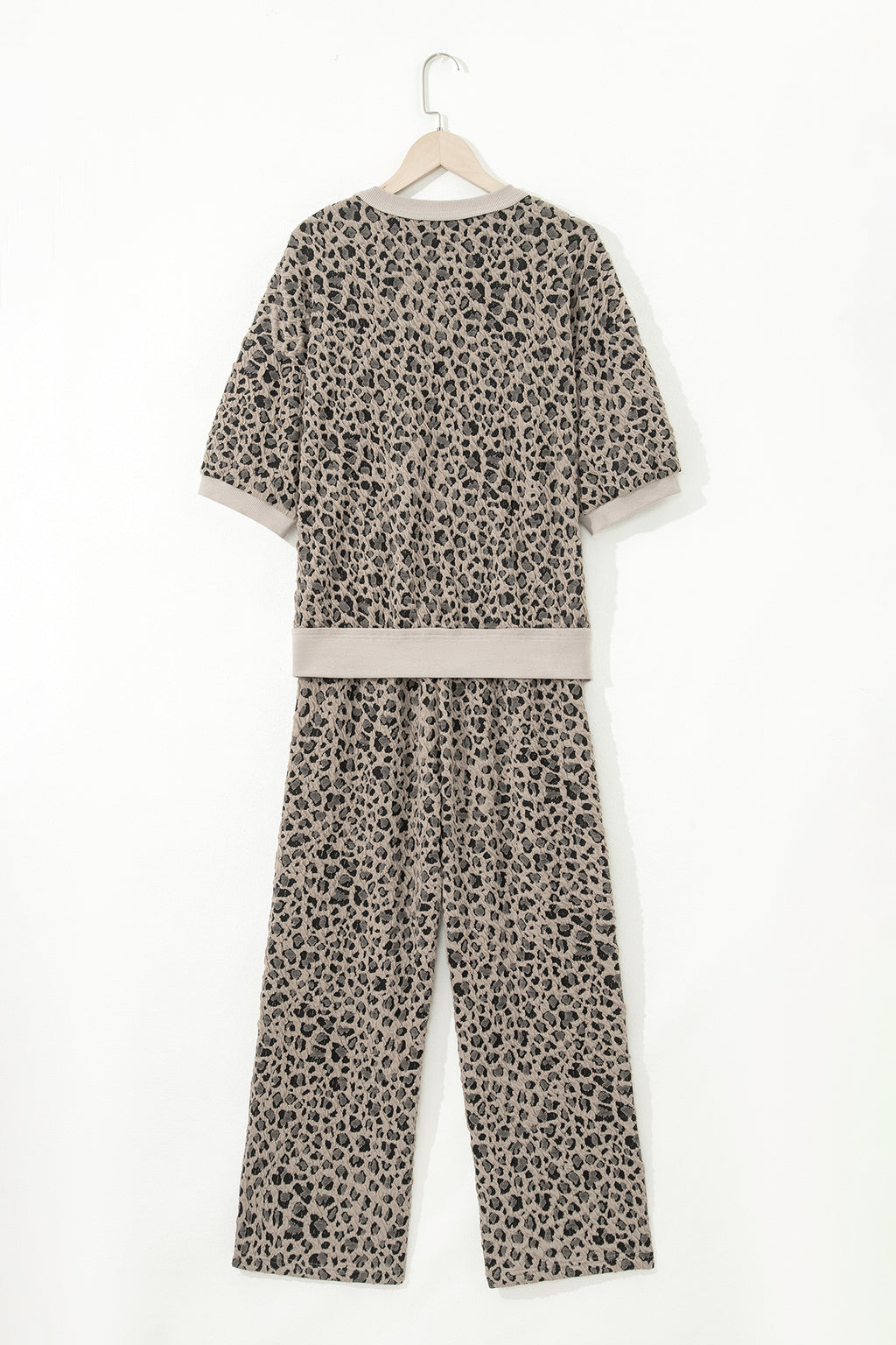 Khaki Jacquard Leopard Half Sleeve Jumper Wide Leg Pant Set