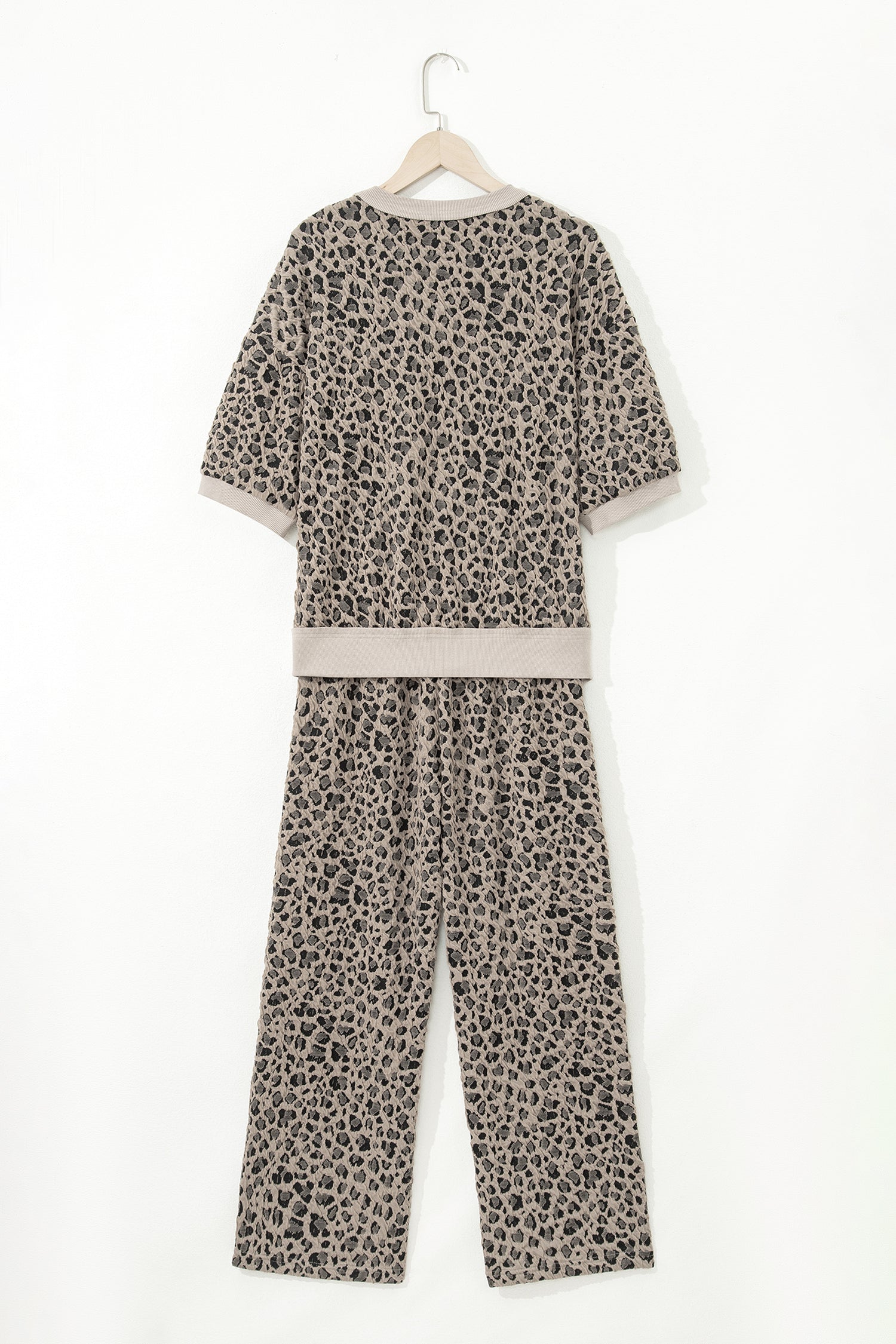 Khaki Jacquard Leopard Half Sleeve Jumper Wide Leg Pant Set