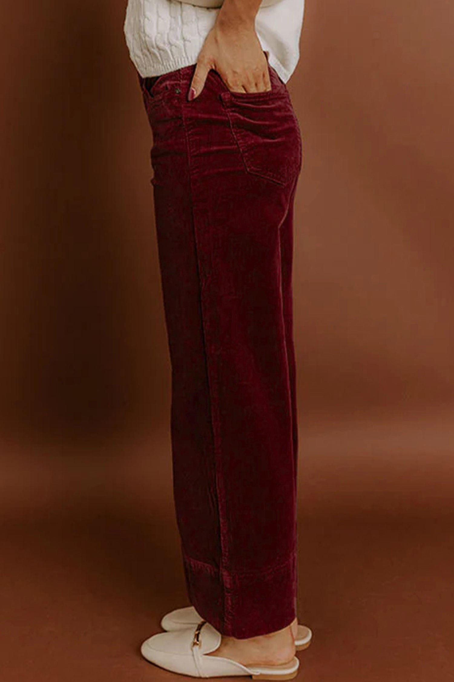 Burgundy Corduroy Solid Color High Waist Wide Leg Pants