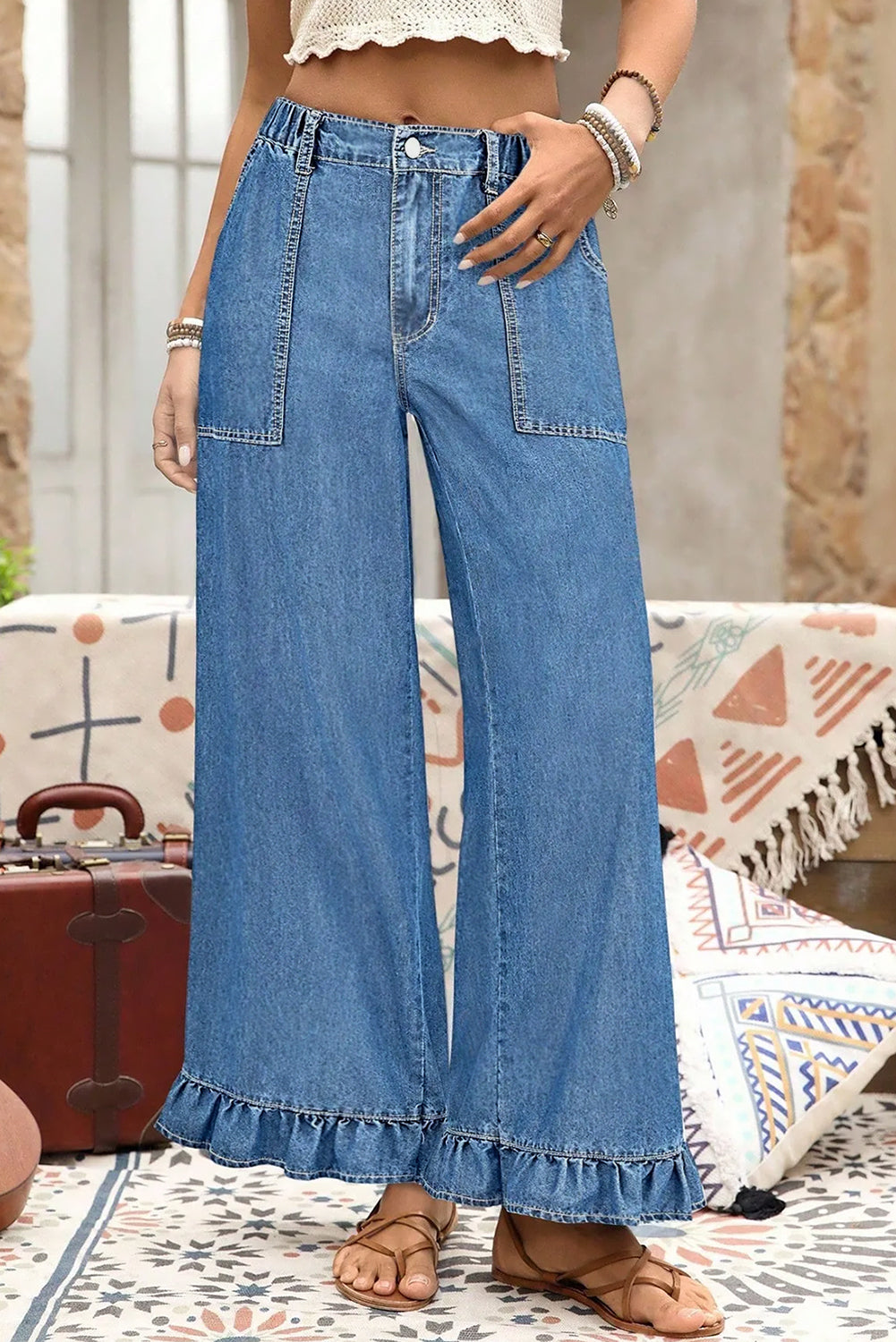 Ashleigh Blue Plus Size Elastic Waist Ruffled Wide Leg Denim Pants