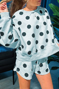 Sky Blue Polka Dot Print Drop Shoulder Pullover Drawstring Shorts Set