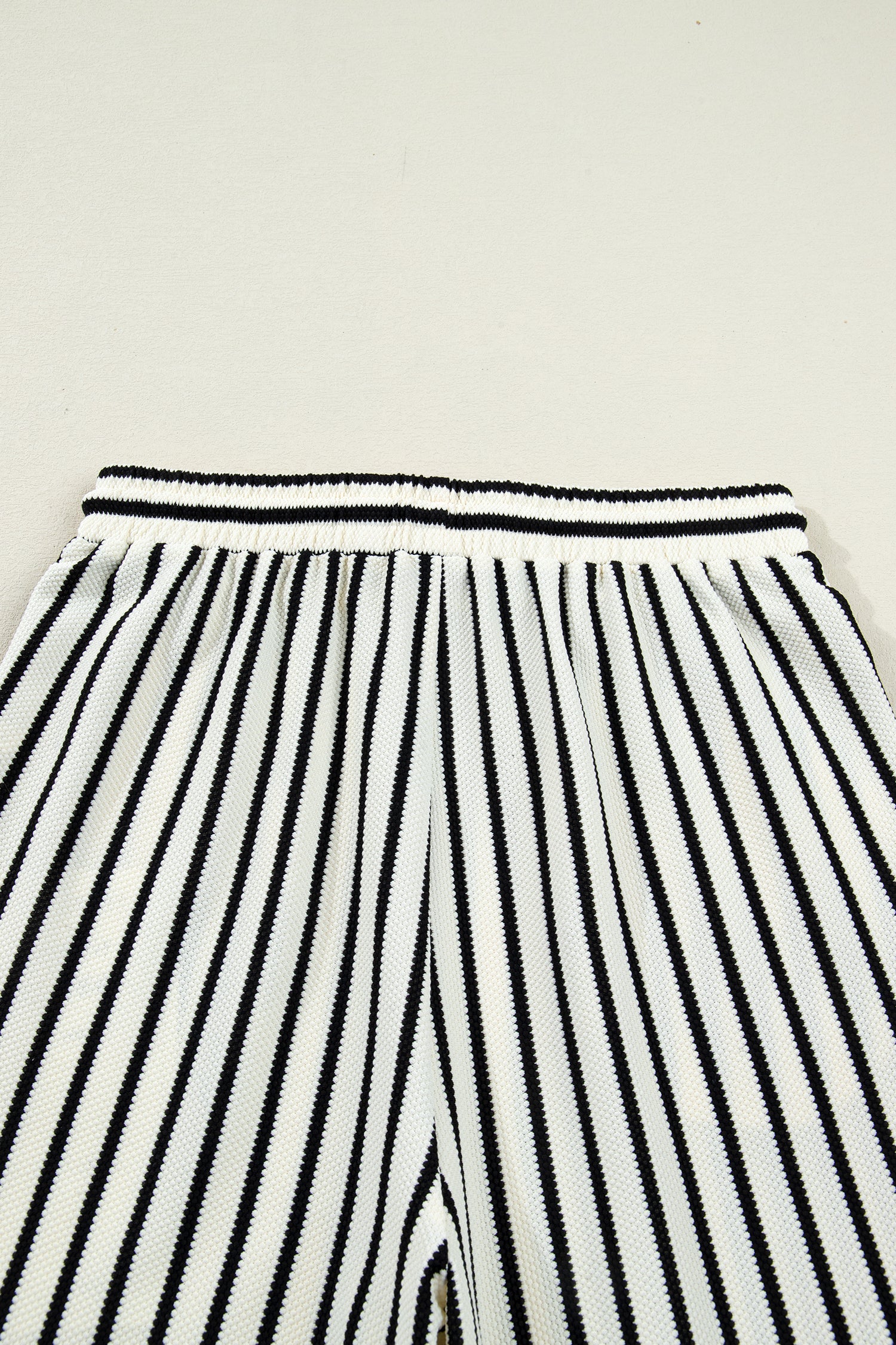 White Stripe Ruffle Trim Drop Shoulder Top Drawstring Loose Pant Set