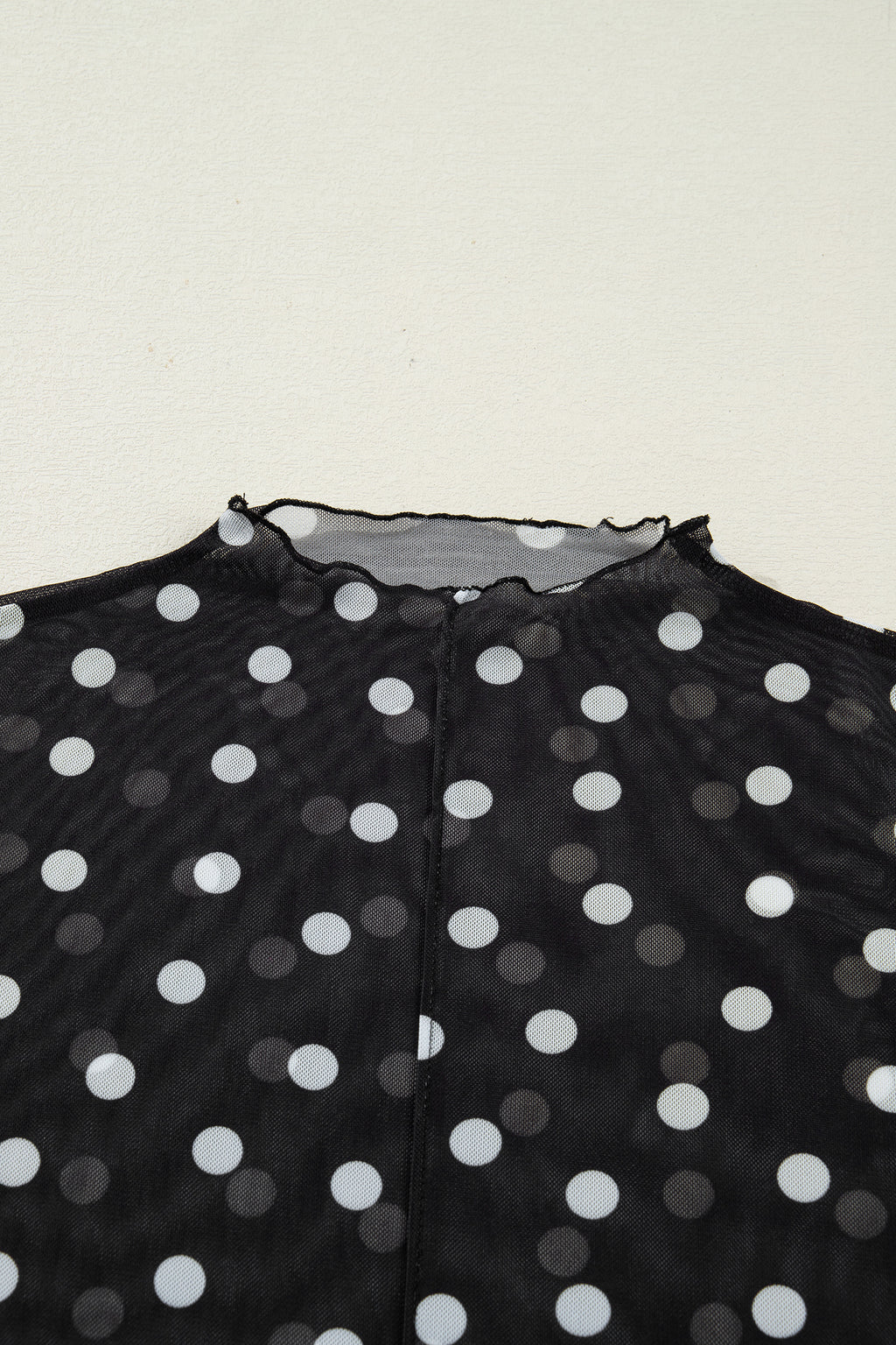 Black Polka Dot Patterned Bodycon Mock Neck Mesh Long Sleeve Top