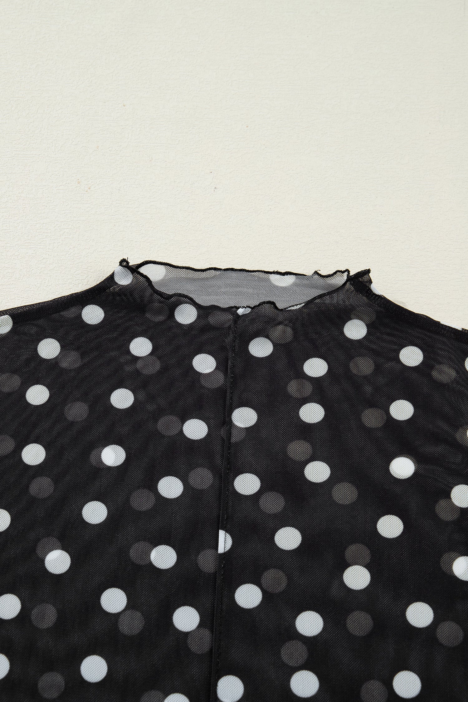 Black Polka Dot Patterned Bodycon Mock Neck Mesh Long Sleeve Top
