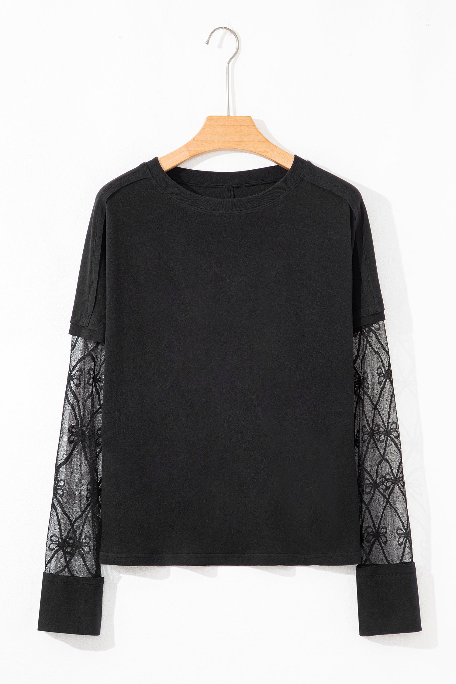 Black Solid Color Bow Textured Patchwork Long Sleeve Tee