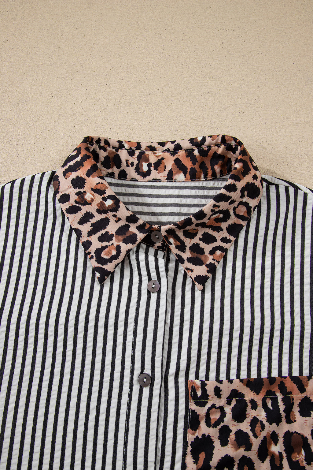 Black Striped Leopard Print Patchwork Button Up Womens Shirt