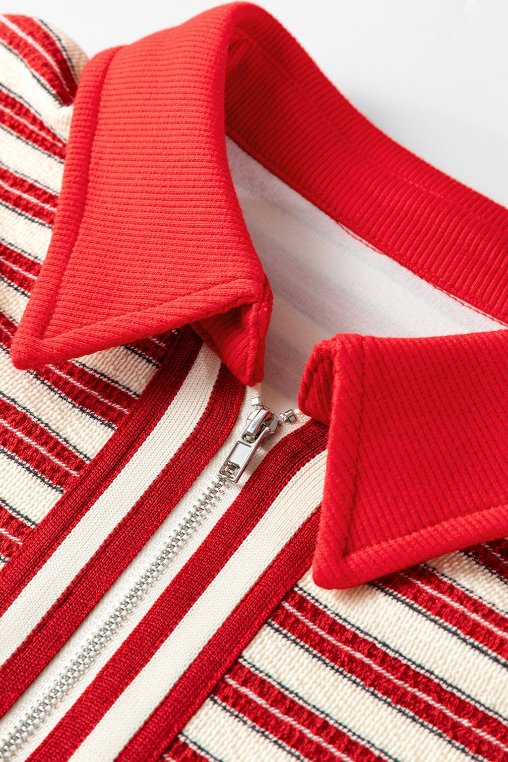 Racing Red Striped Print Contrast Collar Zip V Neck Long Sleeve Top