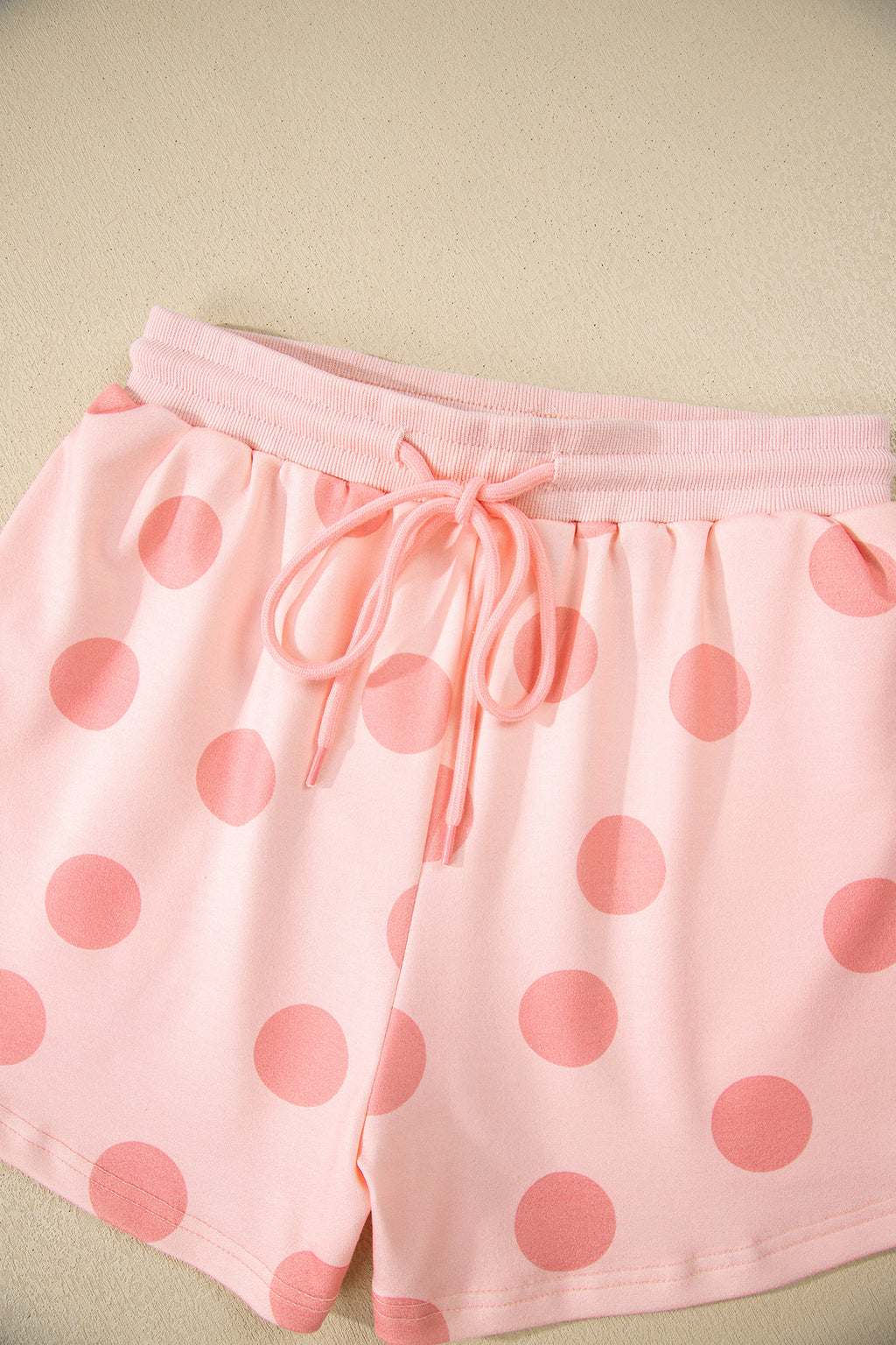 Pink Polka Dot Print Drop Shoulder Pullover Drawstring Shorts Set