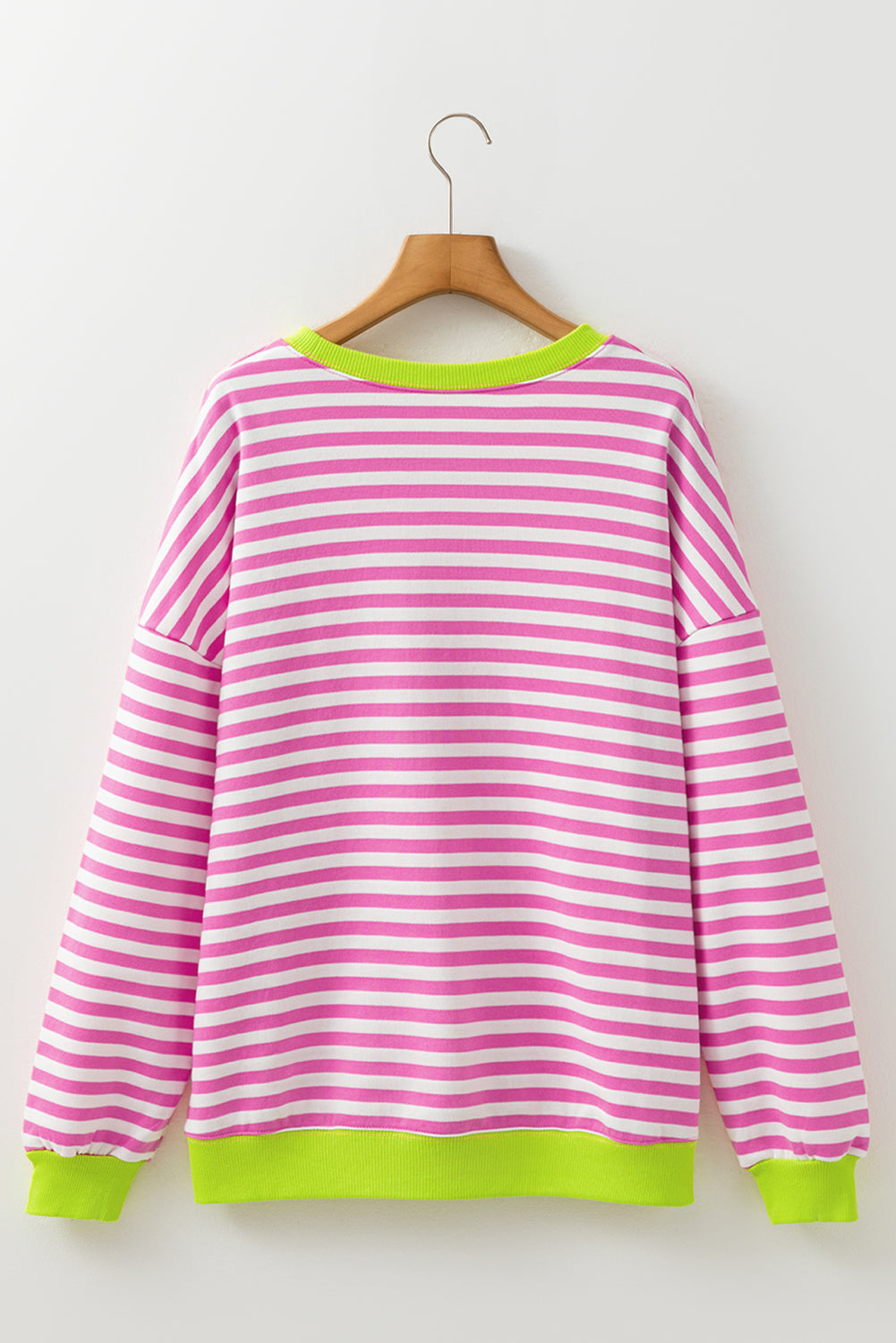 Rose Red Striped Contrast Ribbed Trim Crossed Stitch Drop Shoulder Sweatshirt