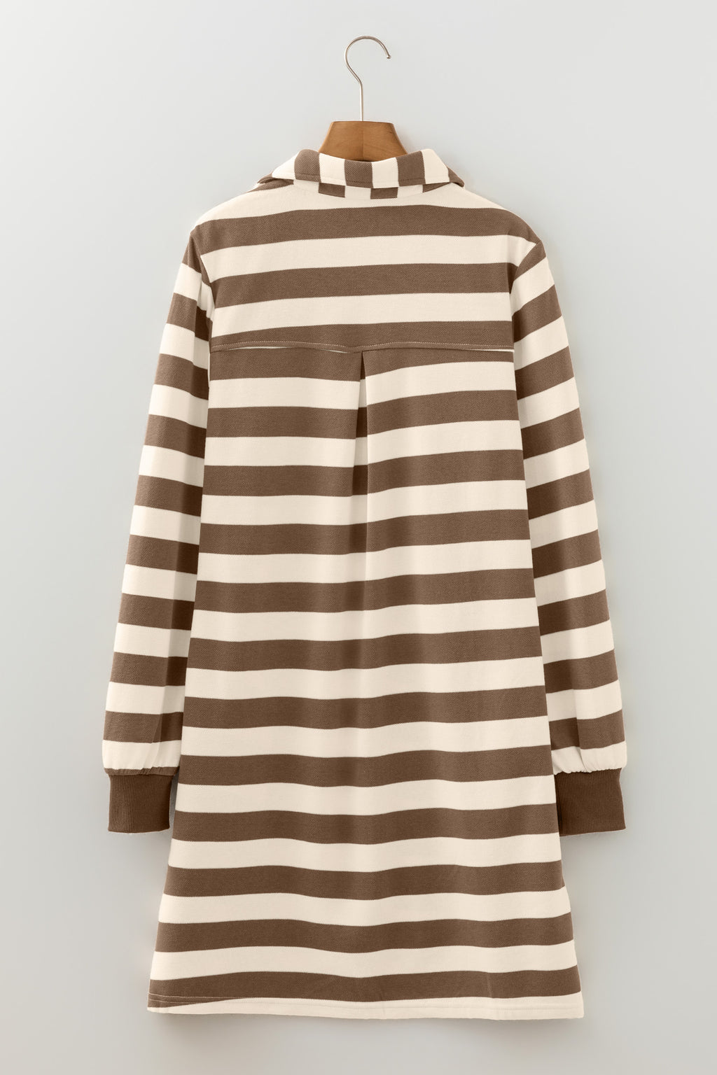 Khaki Stripe Collared V Neck Long Sleeve Loose Casual Dress