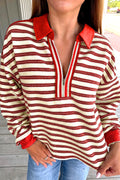 Racing Red Striped Print Contrast Collar Zip V Neck Long Sleeve Top