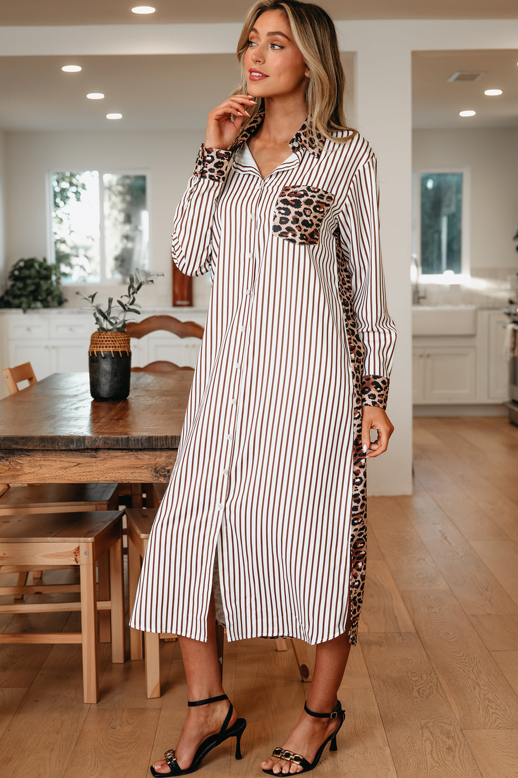 Brown Stripe Contrast Leopard Patchwork Long Shirt Dress with Slits