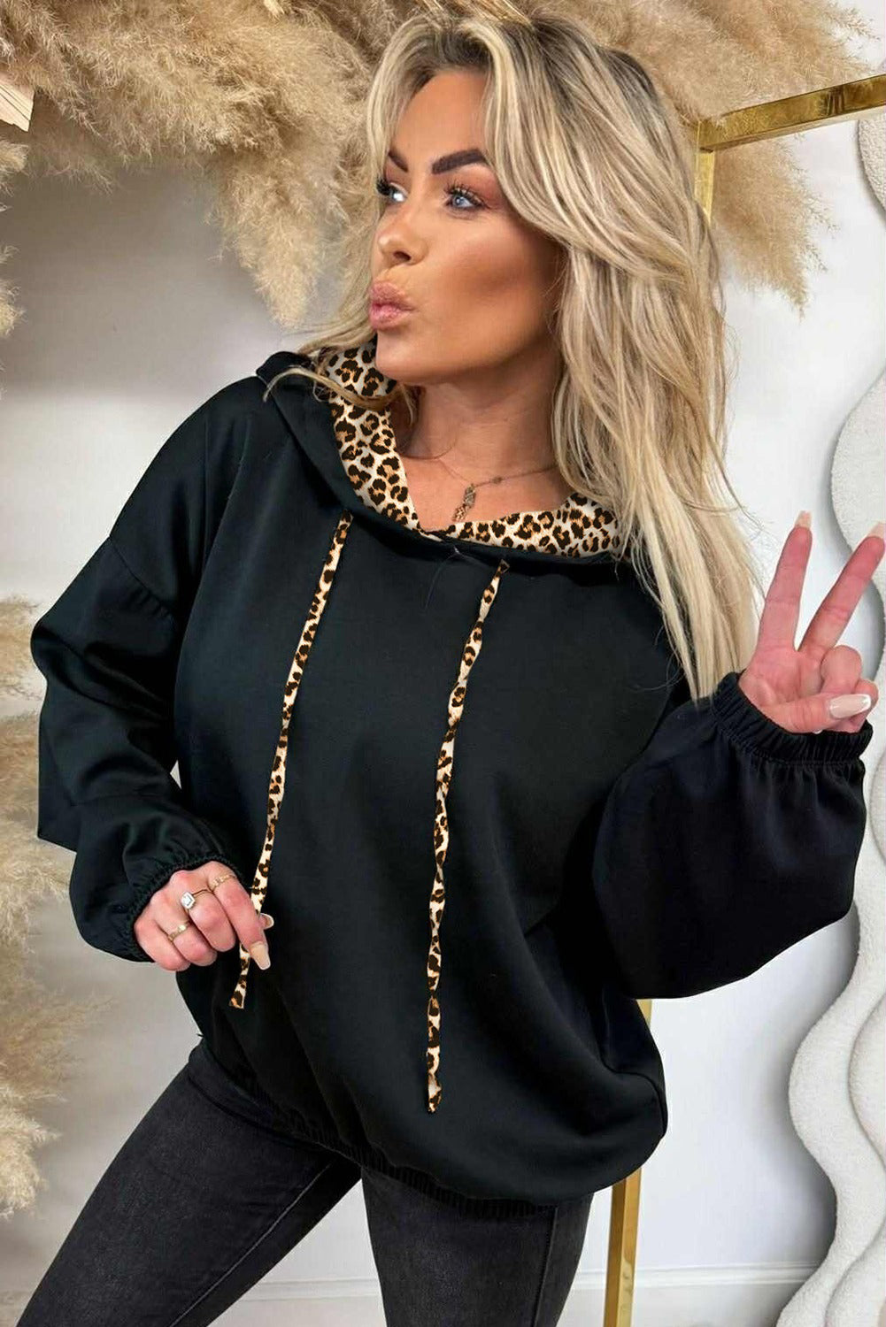 Black Leopard Contrast Drawstring Hood Drop Shoulder Loose Top