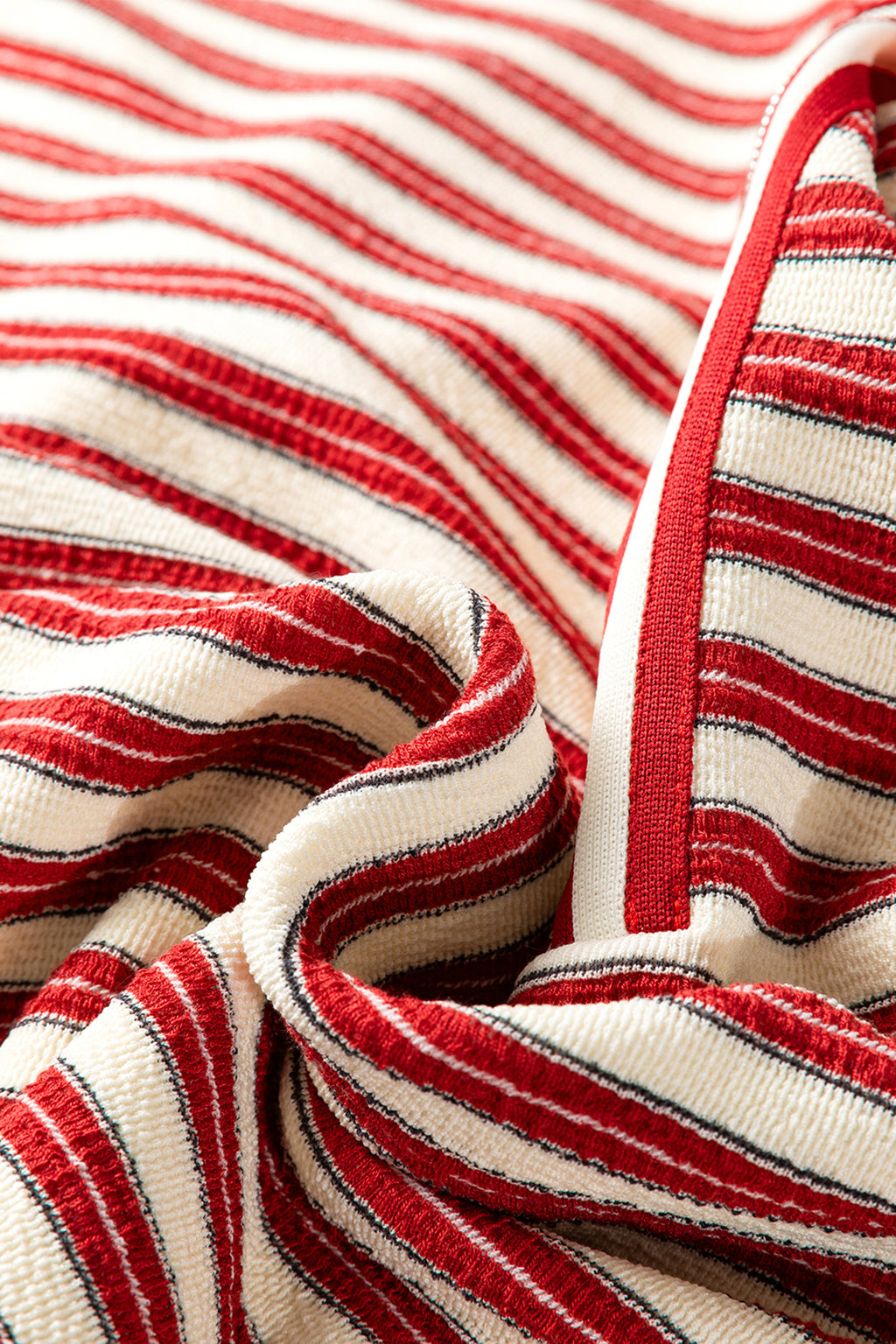 Racing Red Striped Print Contrast Collar Zip V Neck Long Sleeve Top