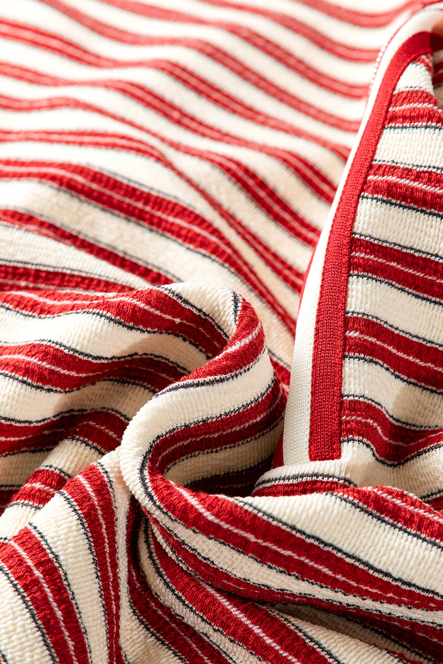 Racing Red Striped Print Contrast Collar Zip V Neck Long Sleeve Top