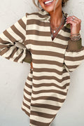 Khaki Stripe Collared V Neck Long Sleeve Loose Casual Dress