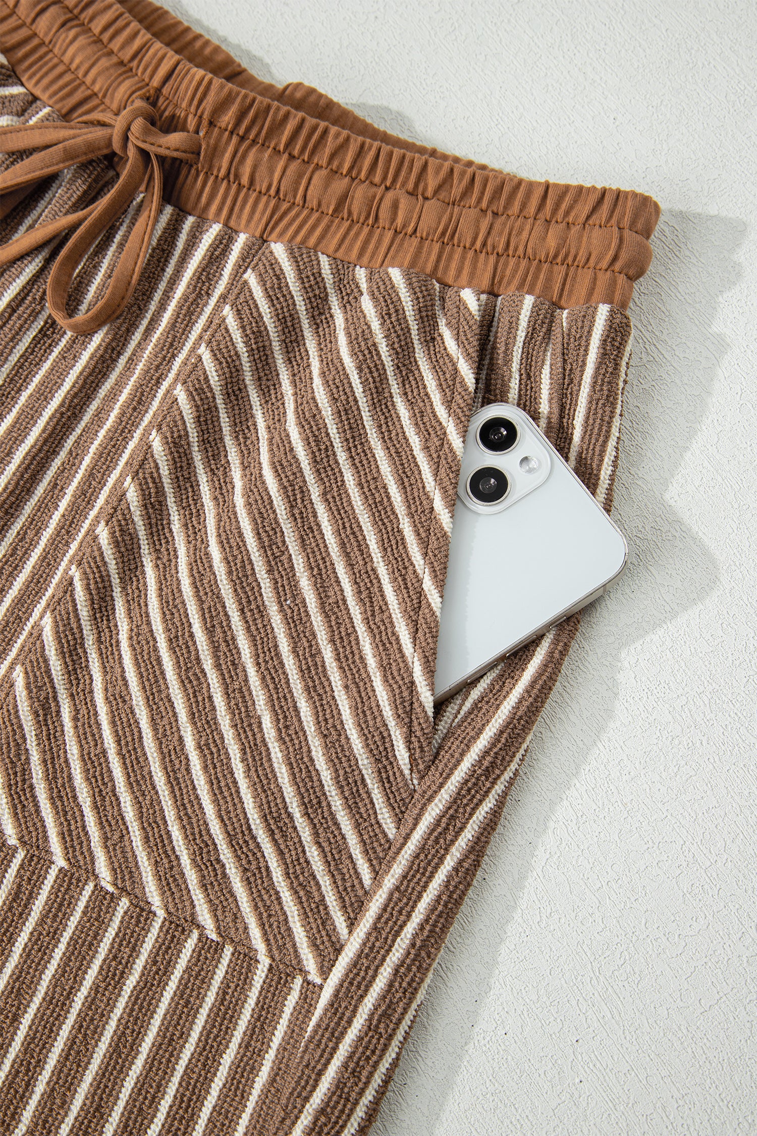 Khaki Stripe Crew Neck Tee Drawstring Waist Cropped Pants Set