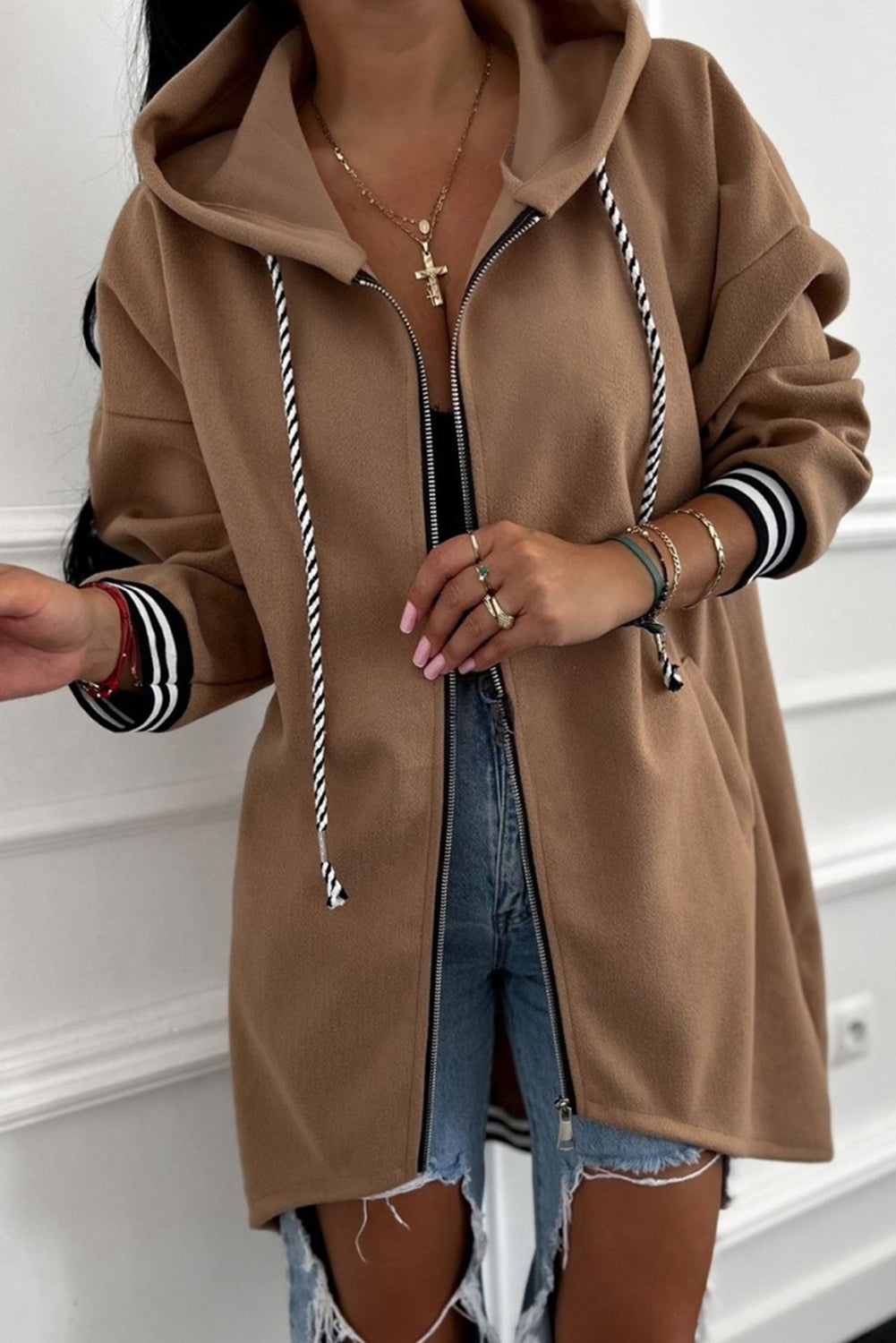 Dark Khaki Contrast Cuffed Drop Shoulder Zip up Tunic Hoodie