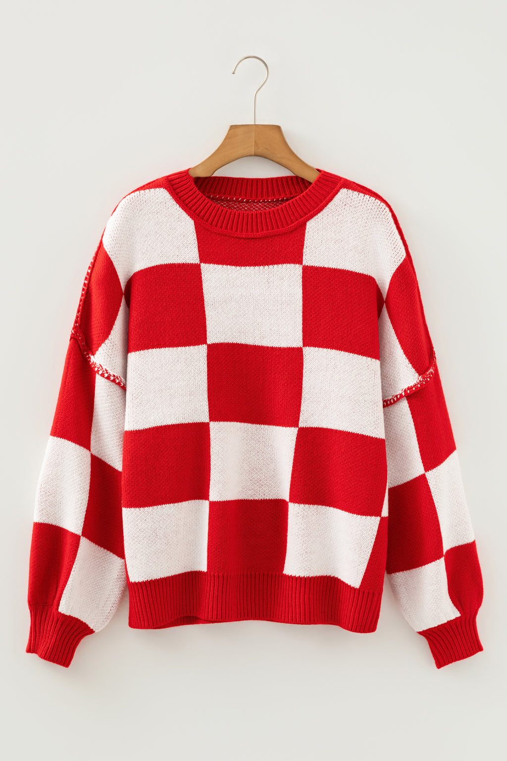 Fiery Red Checkered Bishop Sleeve Sweater