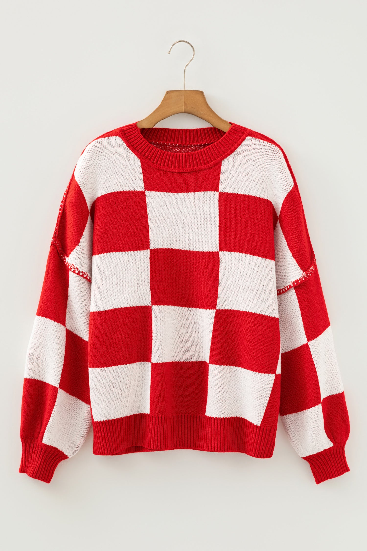 Fiery Red Checkered Bishop Sleeve Sweater