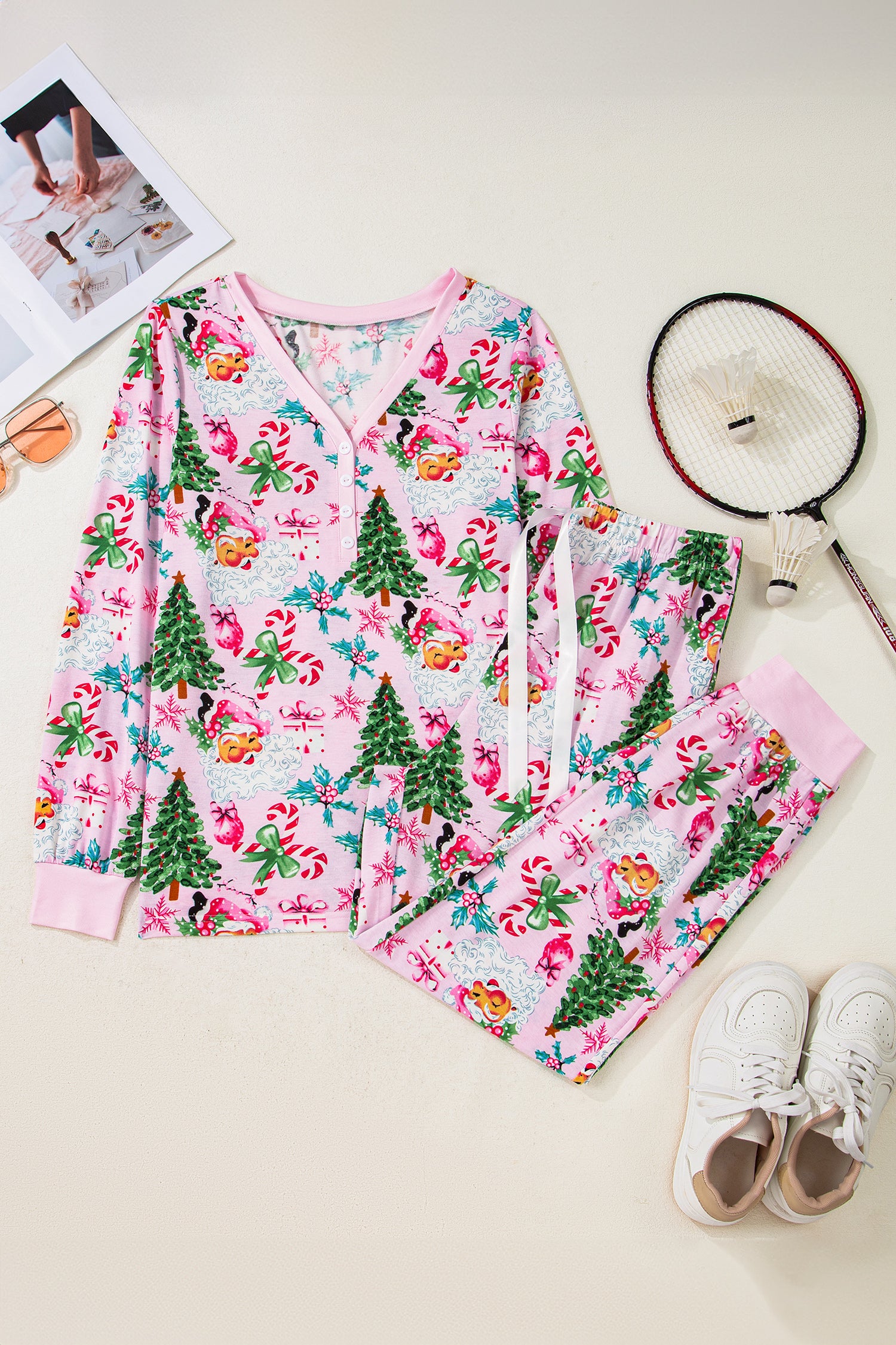 Pink Christmas Pattern Button V Neck Pullover Drawstring Pants 2pcs Lounge Set