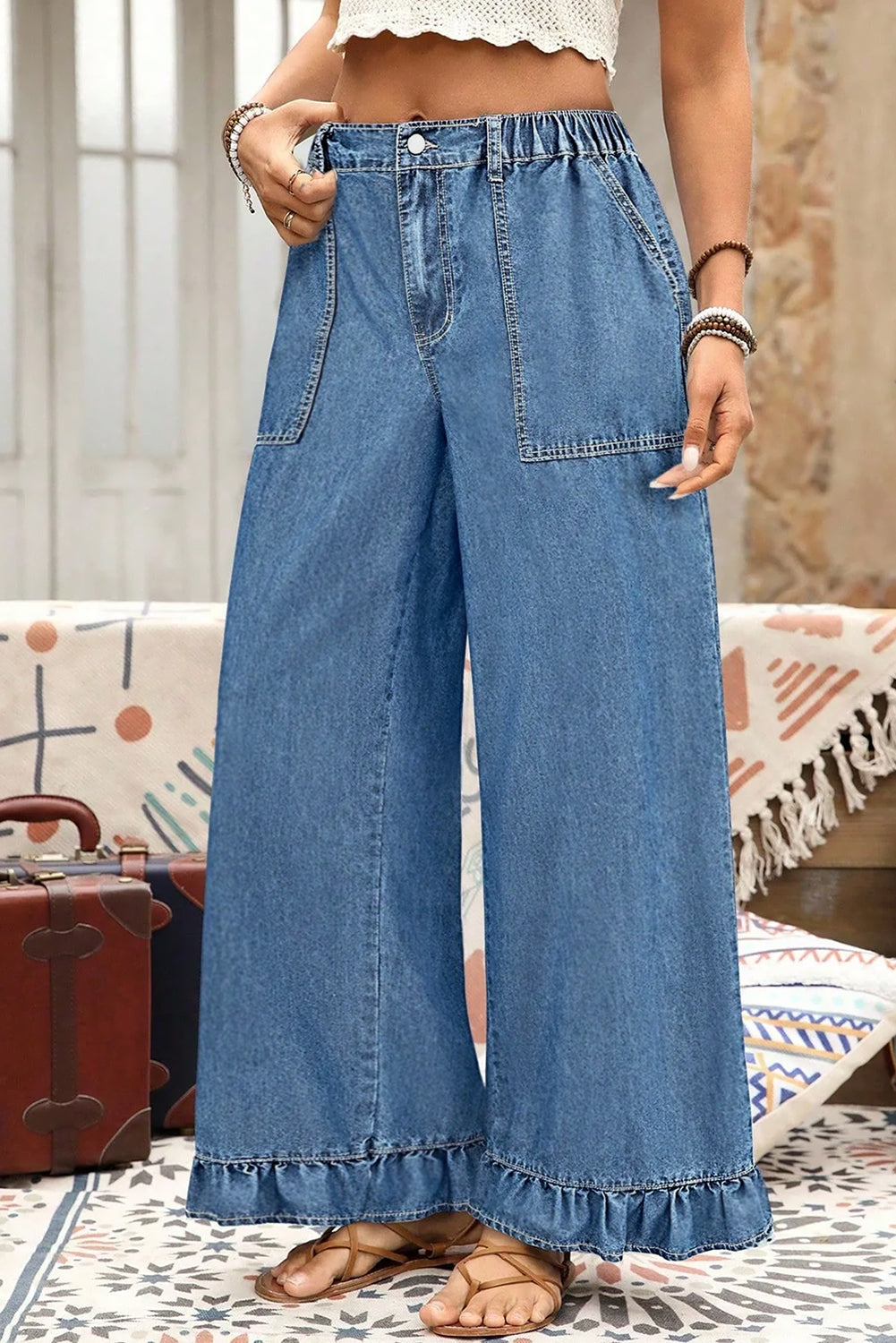 Ashleigh Blue Plus Size Elastic Waist Ruffled Wide Leg Denim Pants