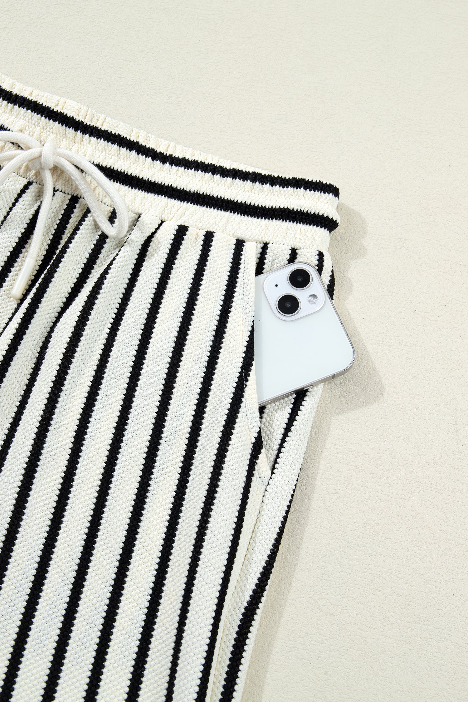 White Stripe Ruffle Trim Drop Shoulder Top Drawstring Loose Pant Set