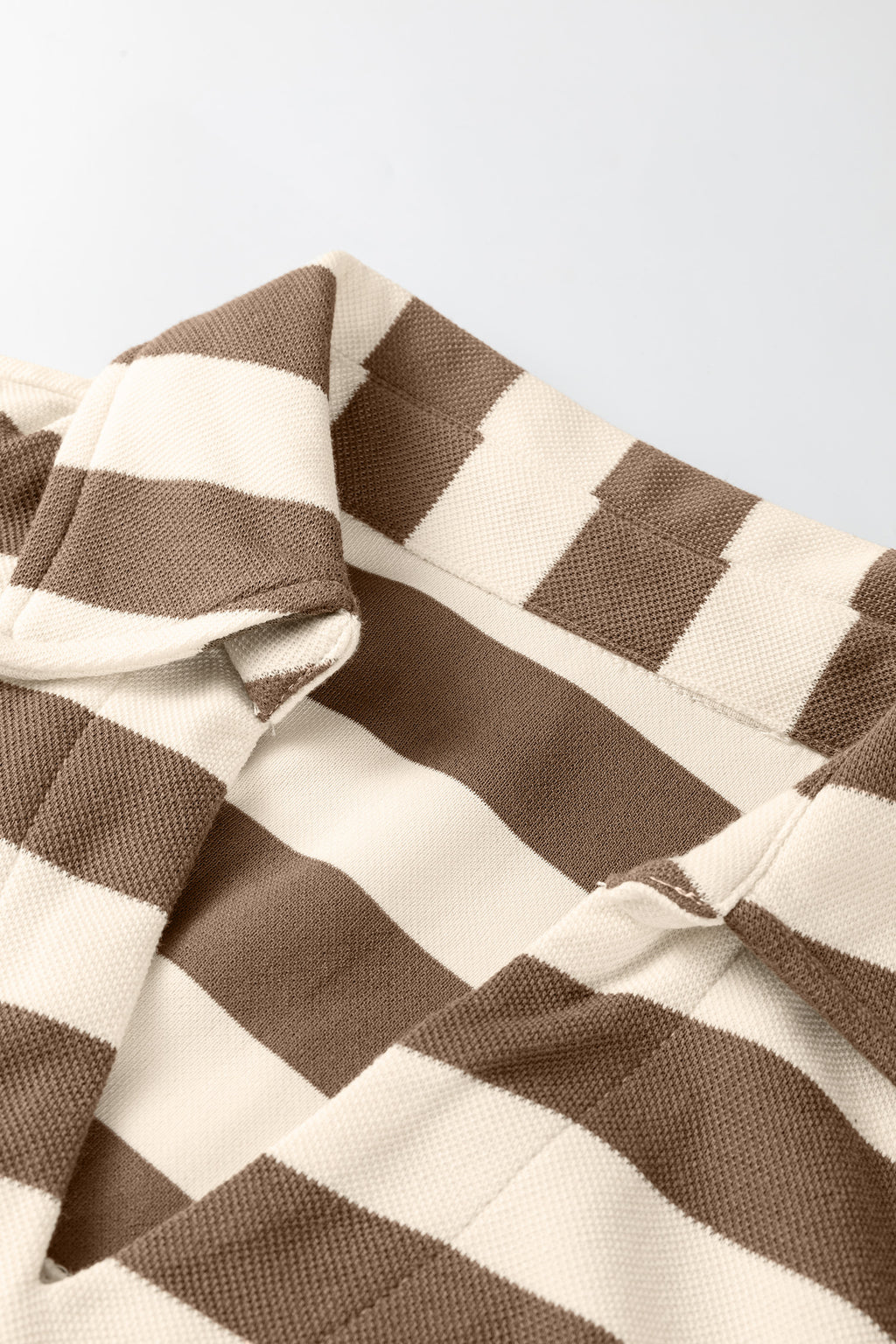 Khaki Stripe Collared V Neck Long Sleeve Loose Casual Dress