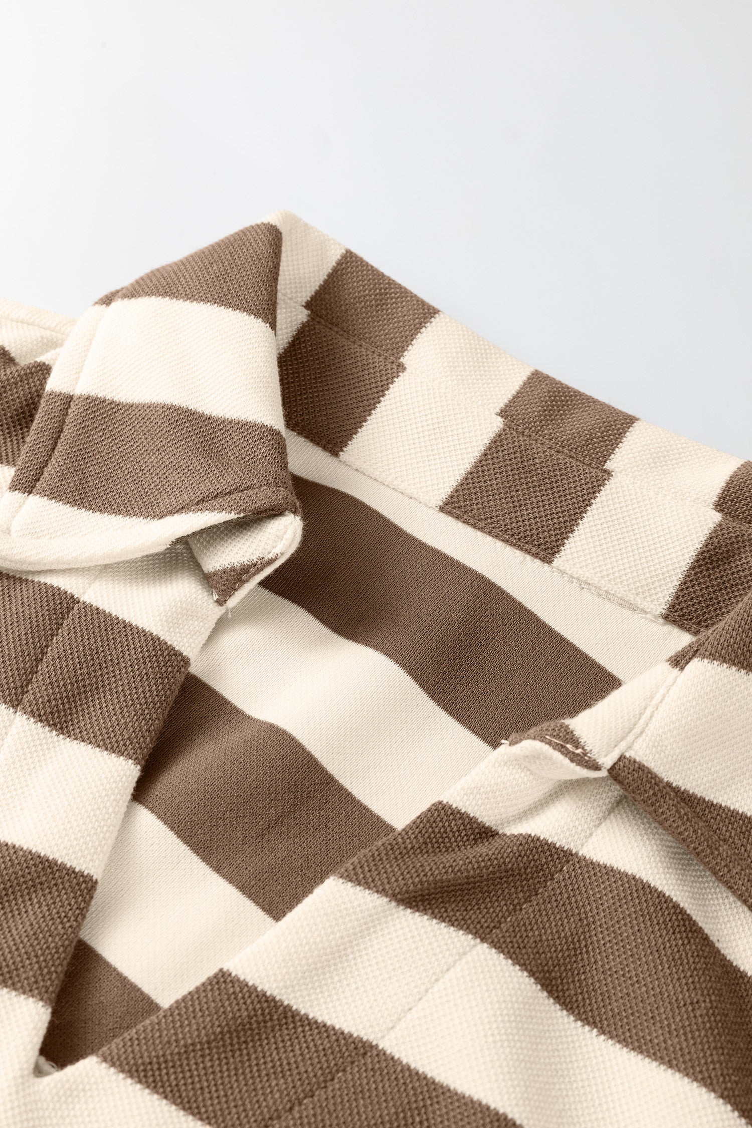 Khaki Stripe Collared V Neck Long Sleeve Loose Casual Dress